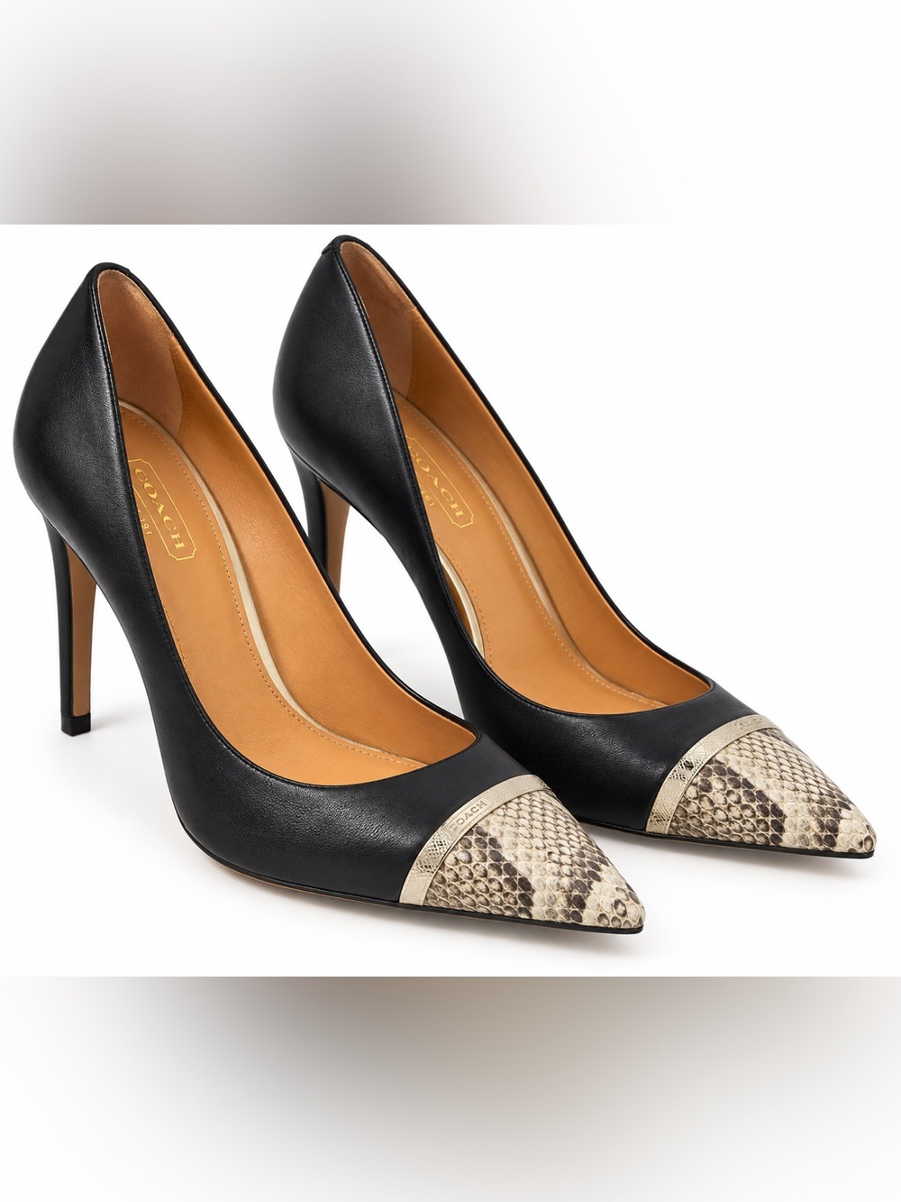 Coach Black Leather Snakeskin Cap Toe Pumps Heels 8.5
